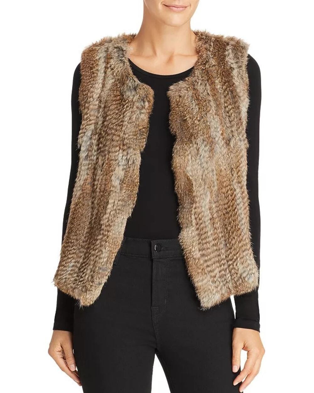 525 America Luxe Rabbit Fur Open Front Vest Womens L Brown Quiet Luxury Glam